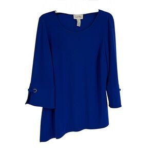 Joseph Ribkoff Blue 3/4 Sleeve Top Women's Size 14 Stretch Asymmetric Hem Cobalt